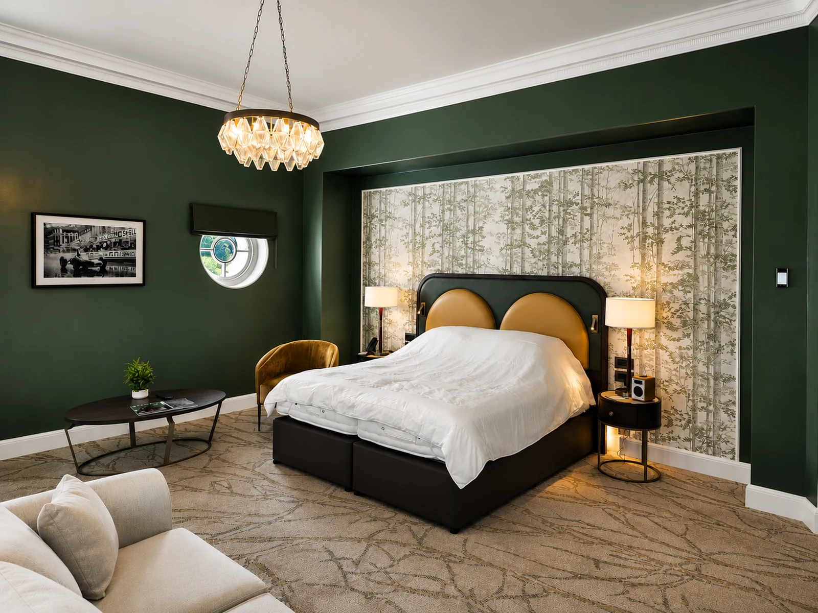 Hotel bedroom at RAC Woodcote Park with deep green painted walls and a botanical wallcovering panel behind the bed